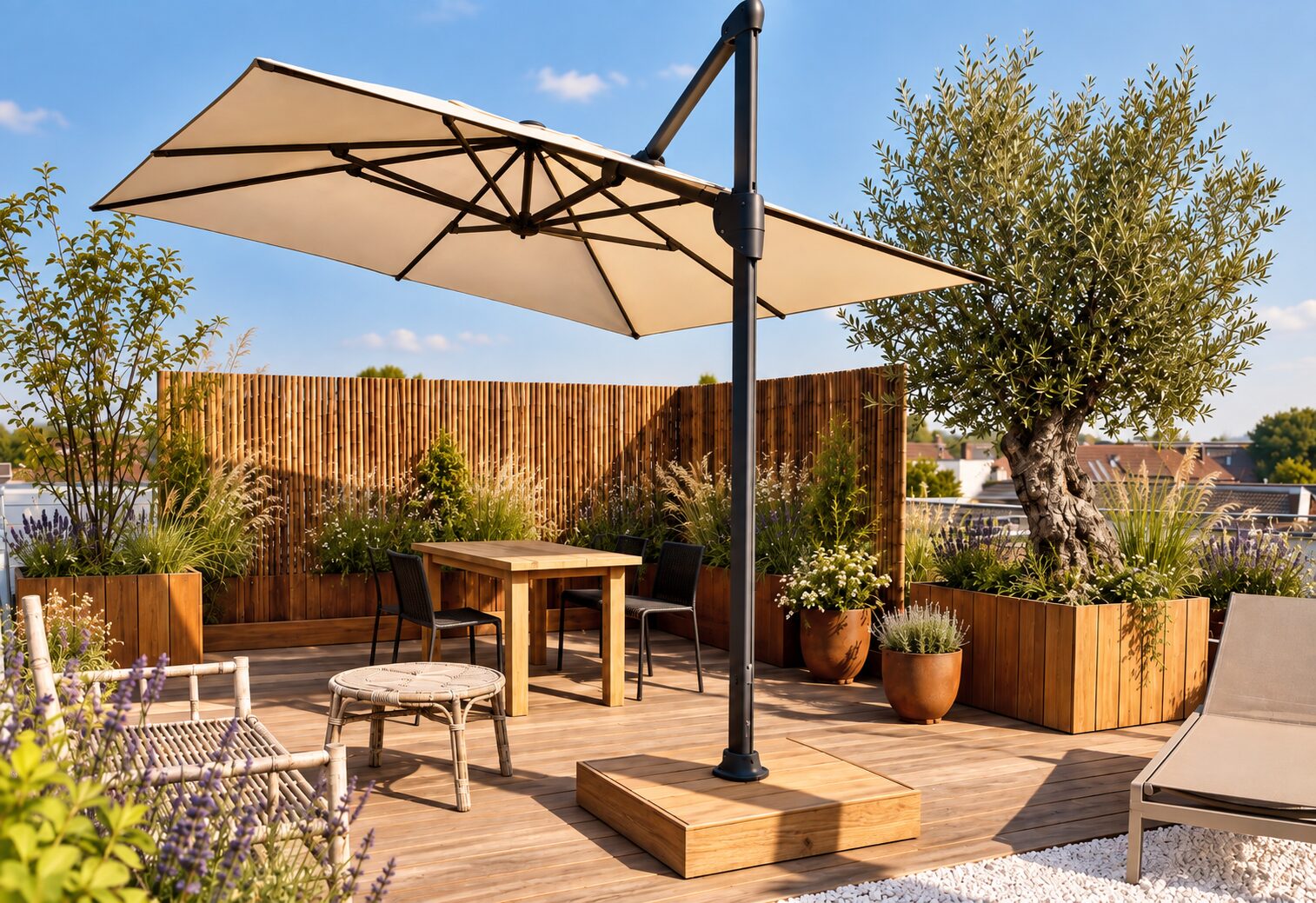 Dachterrasse mit Ampelschirm, Holzsichtschutz, Olivenbaum und Cortenstahl-Gefäßen