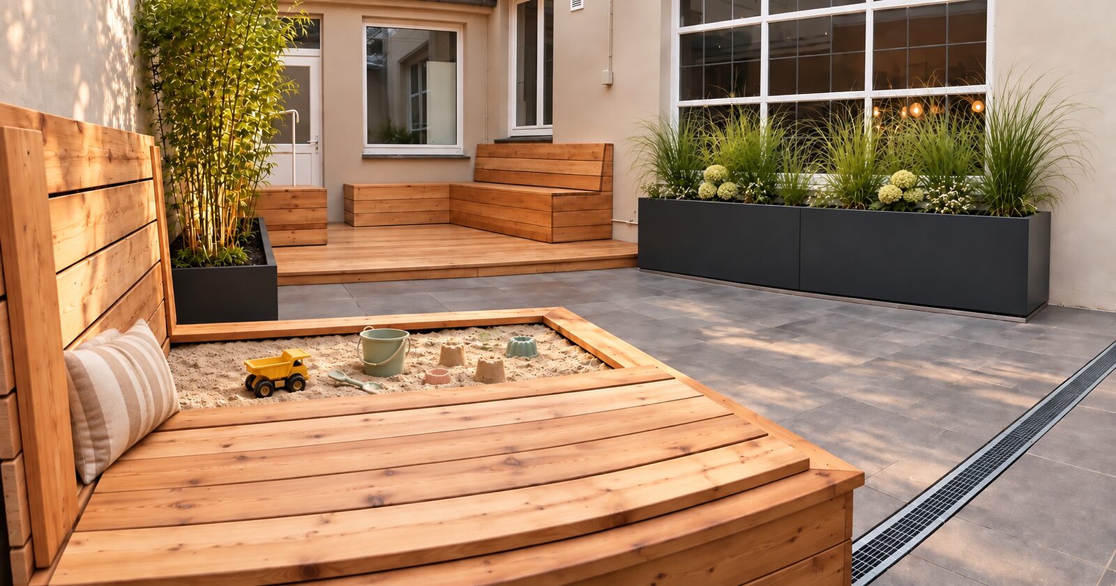Holzpodest mit Sitzbank, Sandkasten und Pflanzgefäßen an der Terrasse