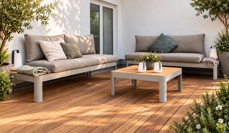 Holzterrasse mit Loungemöbeln, Olivenbaum und heller Hauswand
