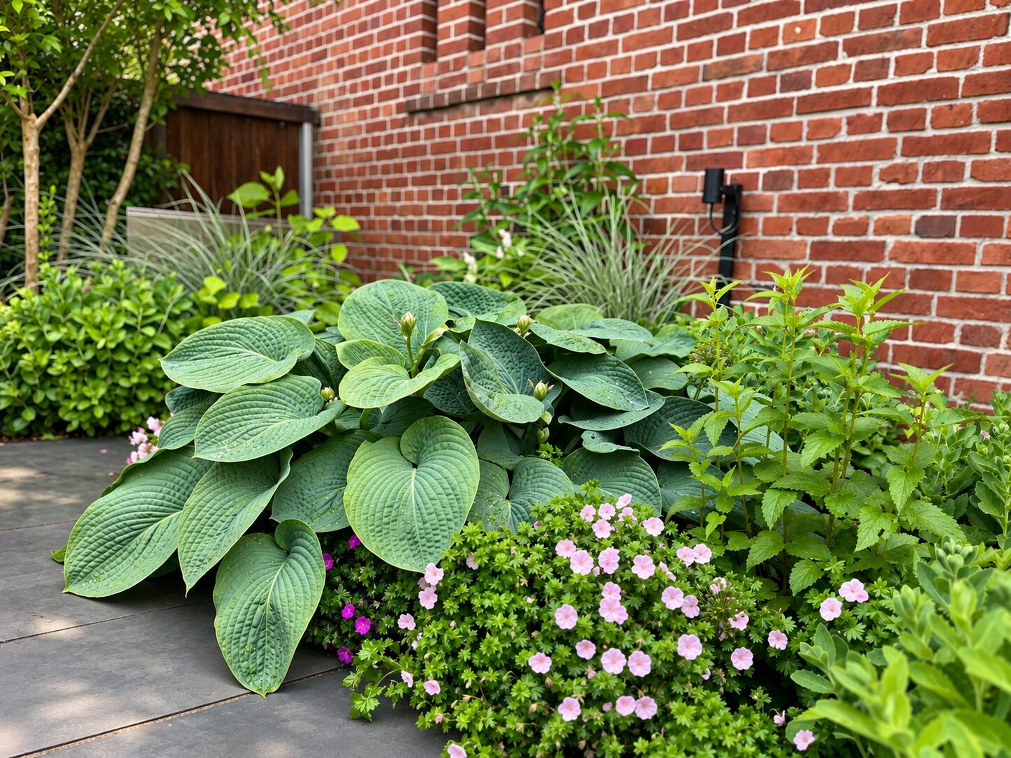 Schattenpflanzung mit Hosta und Hortensien vor einer Klinkerwand