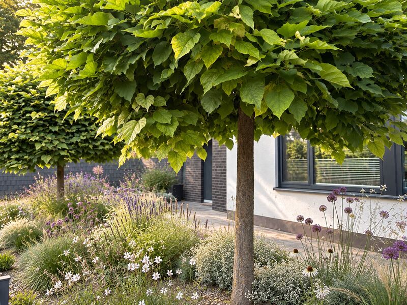 Kugel-Catalpa über Lavendel- und Allium-Pflanzung am Haus