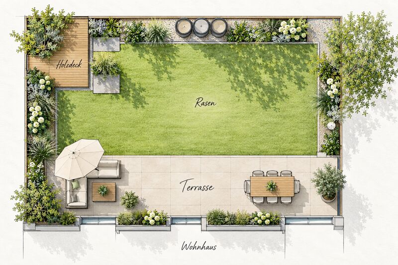 Gartenplan mit Terrasse, Rasenfläche und Pflanzflächen