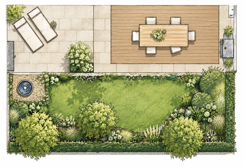 Gartenplan mit Terrasse, Holzdeck, Rasen und Wasserbecken