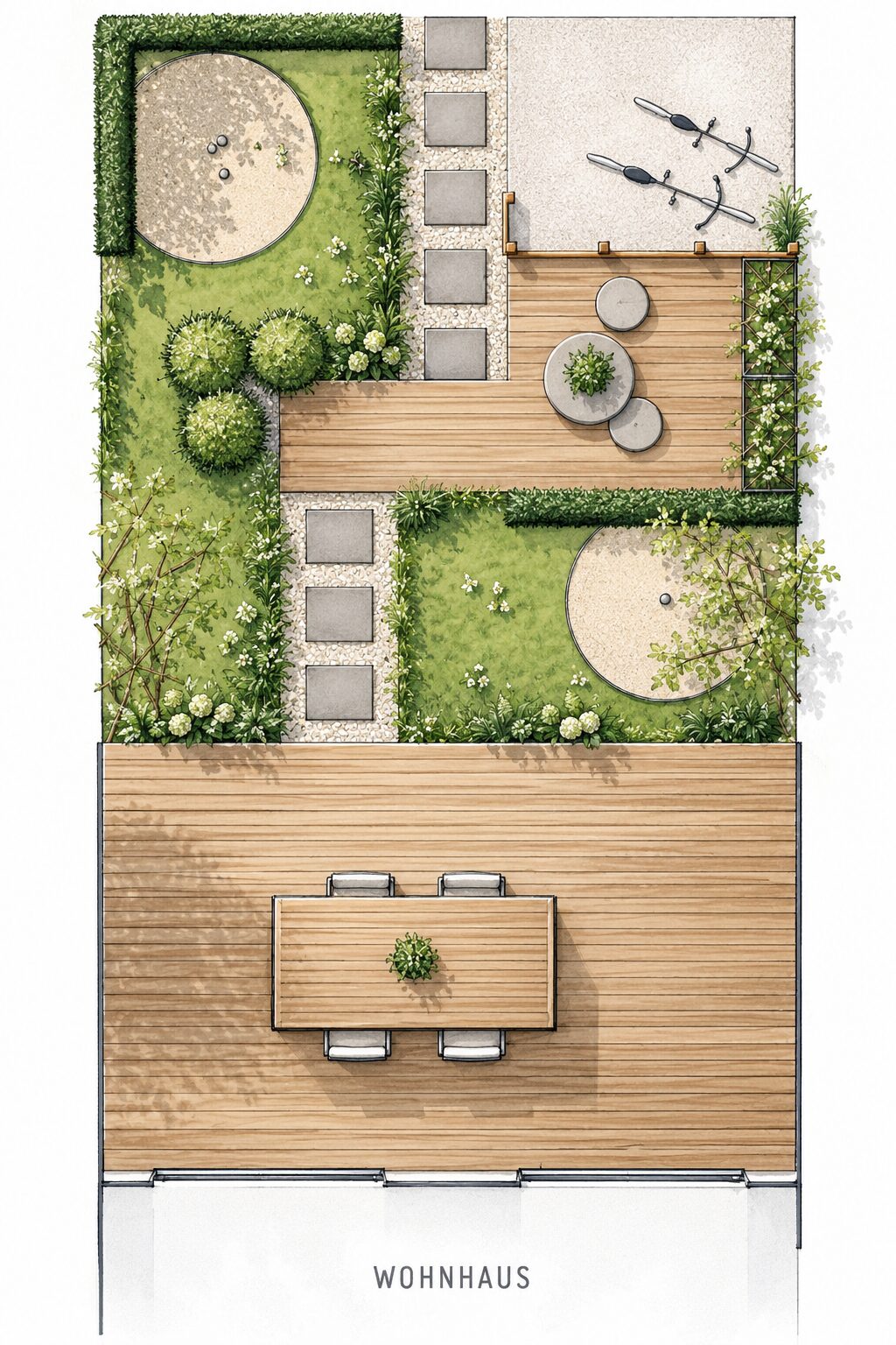 Gartenplan mit Holzdeck, Feuerstelle und Sitzkreis