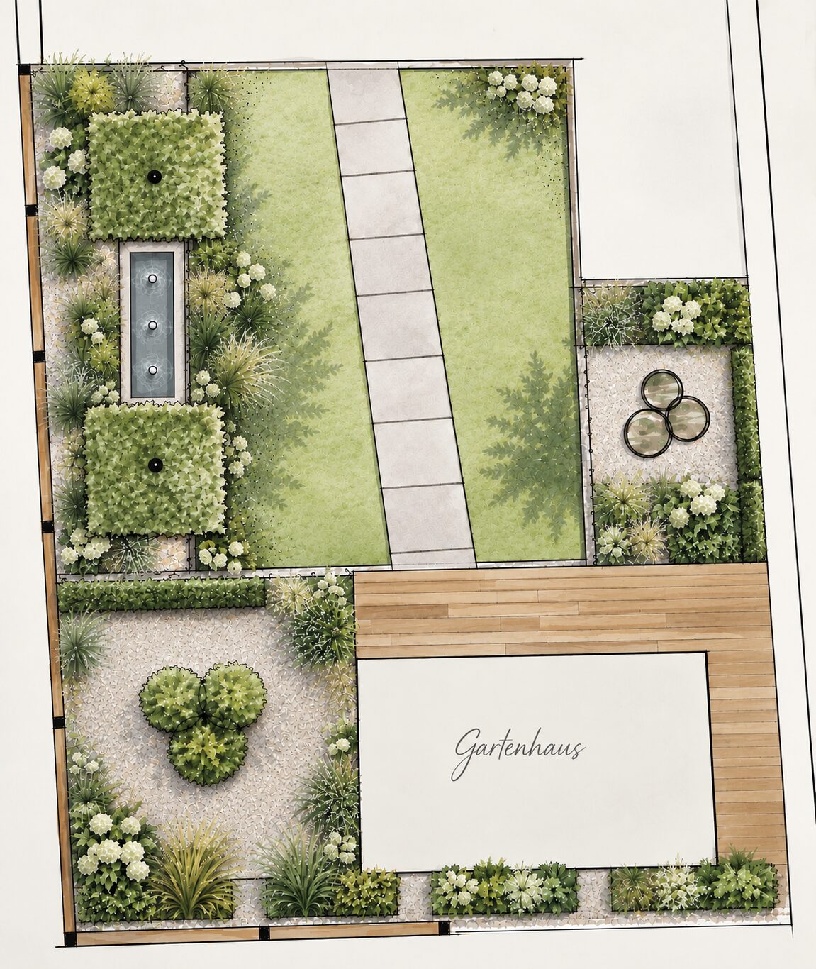 Gartenplan mit Gartenhaus, Wasserbecken und Wegeführung