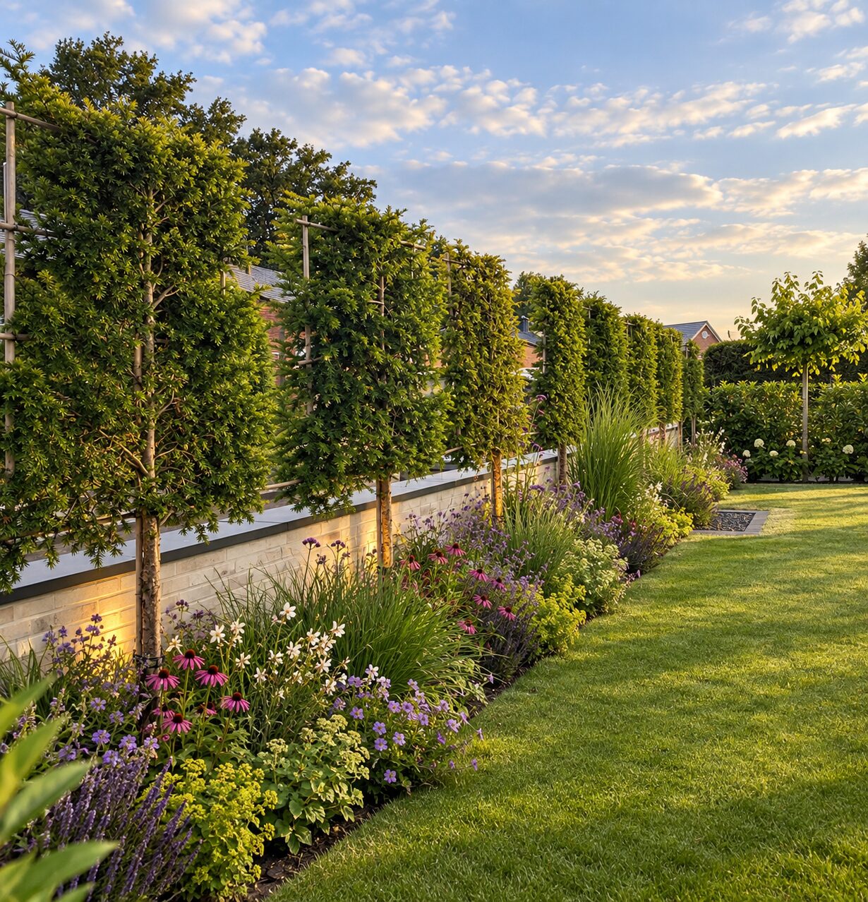Reihe geschnittener Spalierbäume über Lavendel und Rasenfläche im Abendlicht