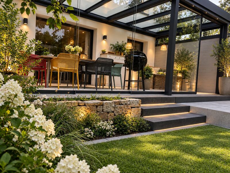 Terrasse mit Glasüberdachung, Natursteinstufen und blühenden Hortensien