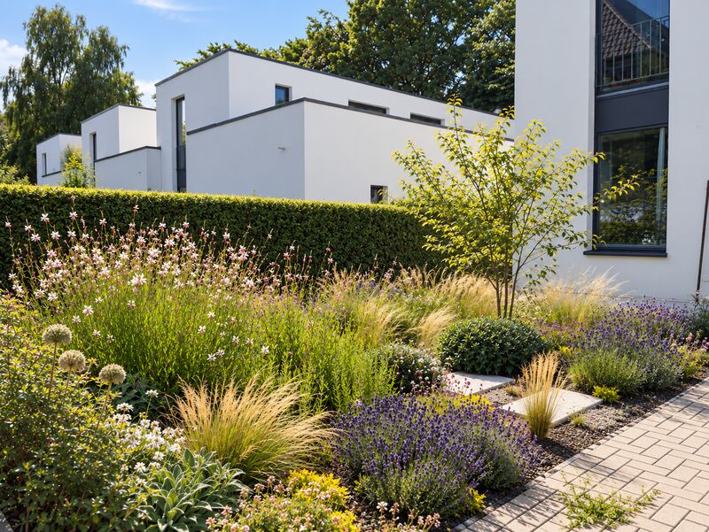 Vorgarten mit Hecke, Gräsern, Lavendel und Prachtkerze