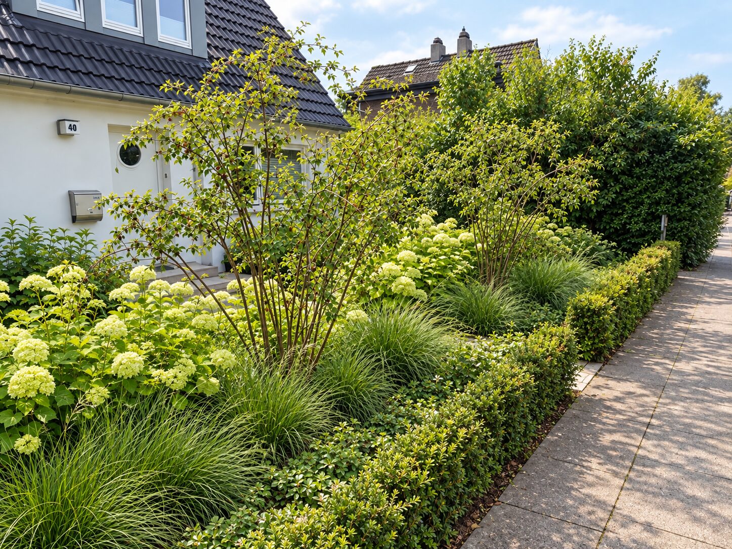 Vorgarten mit Hortensien, Formhecke und Weg zum Hauseingang