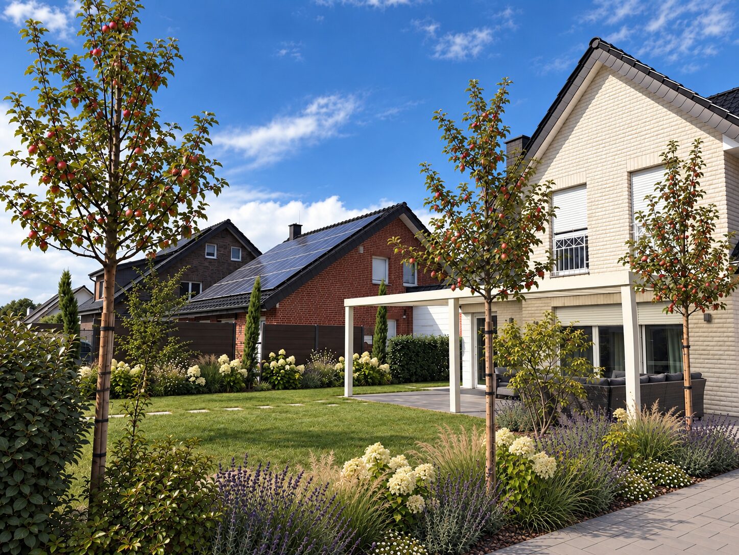 Vorgarten am Neubau mit Lavendel, jungen Bäumen und Carport
