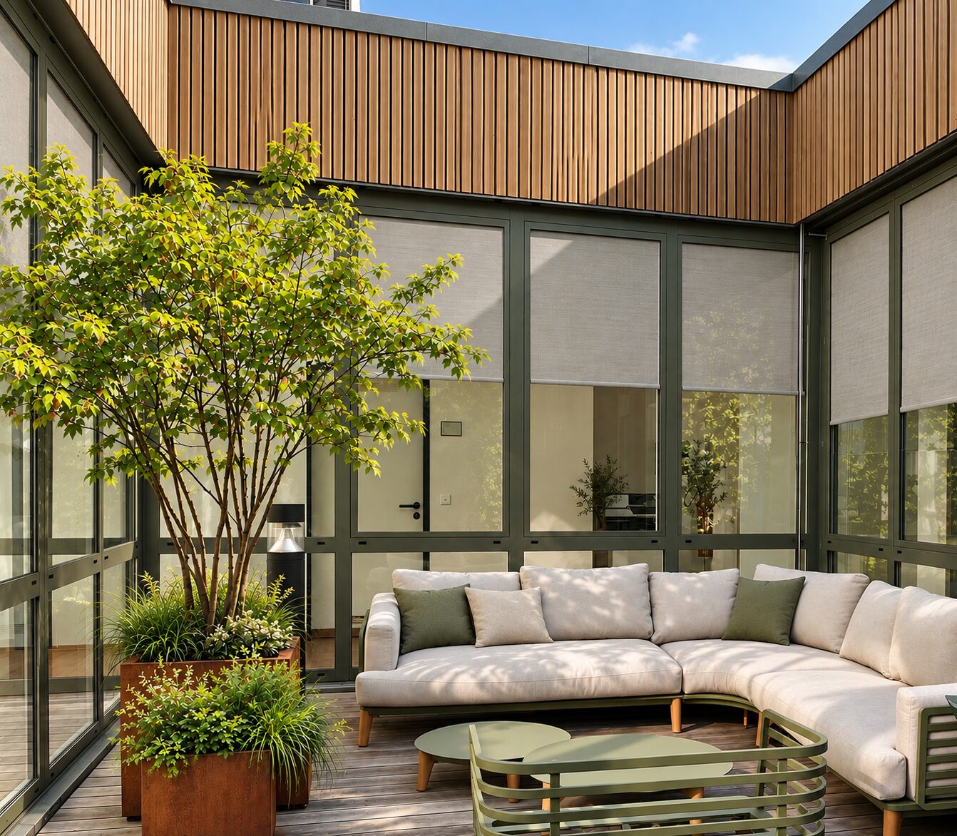 Glasfront mit Loungemöbeln und Pflanzgefäßen aus Cortenstahl